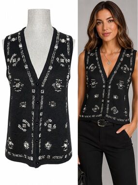 Vintage 90s SML Sport Black Knit Vest M Beaded Sequin Embellished Ramie Cotton